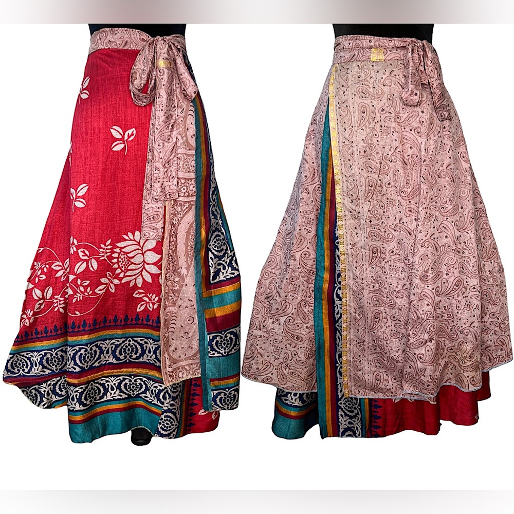 Made In Thailand- Reversible Wrap Silk Skirt - Size S/M/L